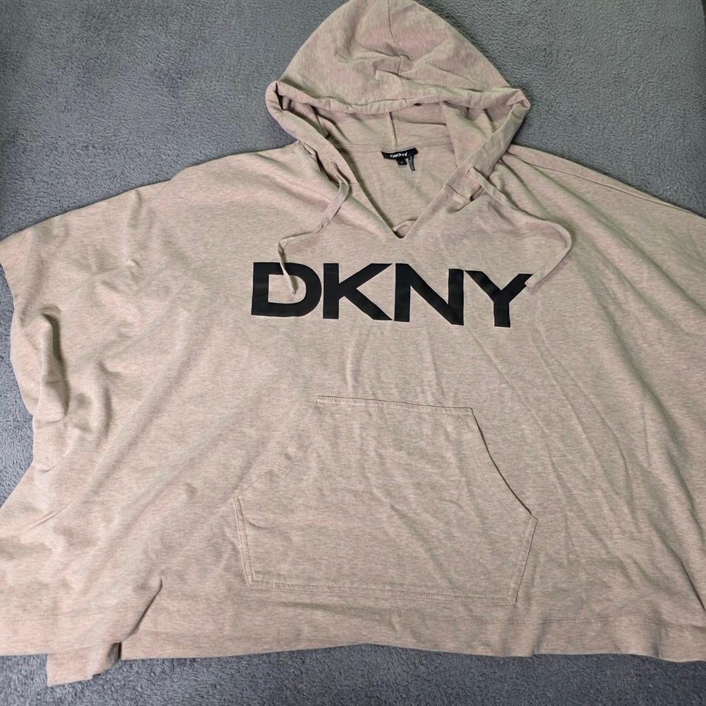 DKNY Womens 3X Poncho Hoodie Tan Heather Logo Oversized Short Sleeve Athleisure